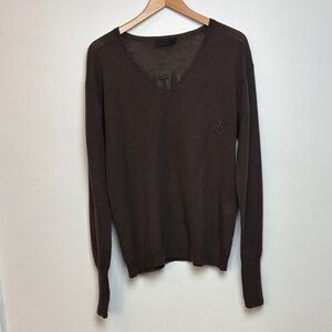 All Saints Men’s 100% Merino Wool Brown V-Neck Embroidered Sweater Large